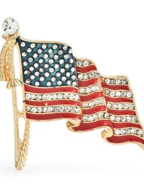 2pc American Flag Brooch Set Gold & Silver Rhinestone Patriotic USA Pin Jewelry